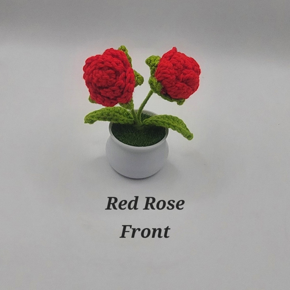 Crocheted Handmade Spring Flowers In Mini Pot W/Grass, Red Roses
